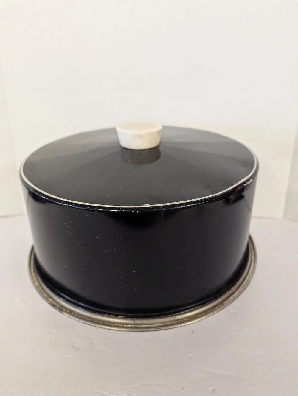 Vintage  Cake Tin 1950s Black with Pink & Yellow Flowers Hand-painted